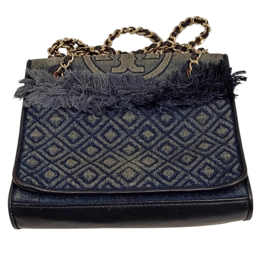 TORY BURCH FLEMING DENIM MEDIUM CONVERTIBLE BAG TARE